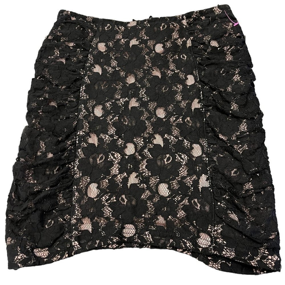 Sexy Black Lace Overlay Mini Skirt Stretch Side Ruching Back Zip Bodycon
